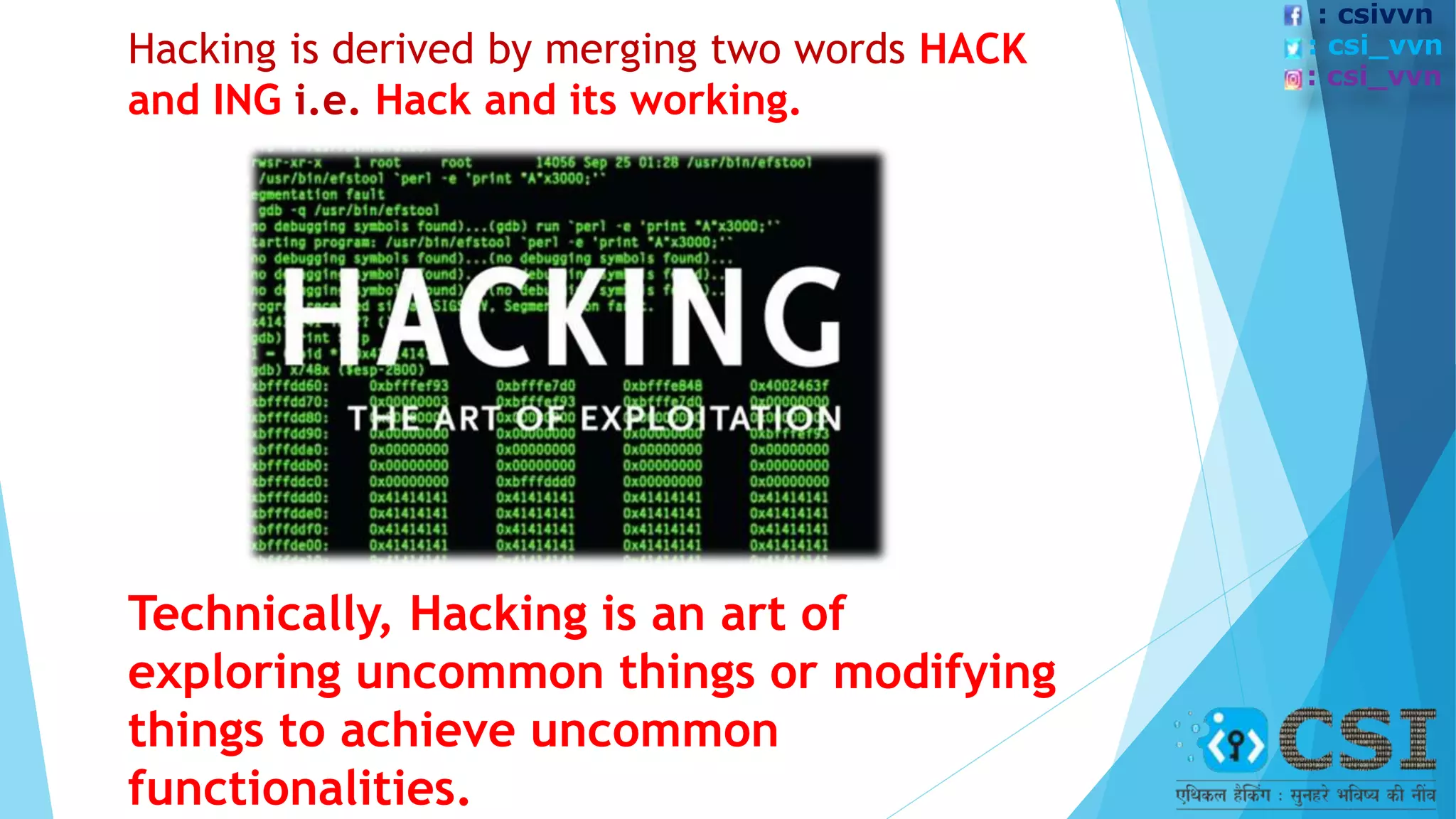 Hacking is derived by merging two words HACK
and ING i.e. Hack and its working.
Technically, Hacking is an art of
exploring uncommon things or modifying
things to achieve uncommon
functionalities.
: csivvn
: csi_vvn
: csi_vvn
 