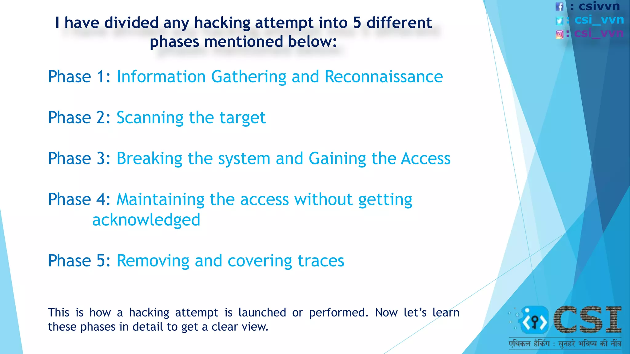 I have divided any hacking attempt into 5 different
phases mentioned below:
Phase 1: Information Gathering and Reconnaissance
Phase 2: Scanning the target
Phase 3: Breaking the system and Gaining the Access
Phase 4: Maintaining the access without getting
acknowledged
Phase 5: Removing and covering traces
This is how a hacking attempt is launched or performed. Now let’s learn
these phases in detail to get a clear view.
: csivvn
: csi_vvn
: csi_vvn
 