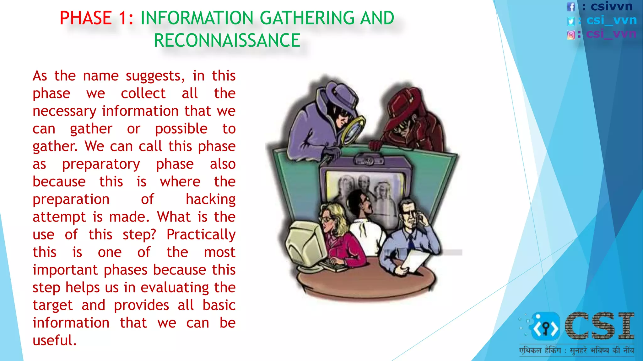 PHASE 1: INFORMATION GATHERING AND
RECONNAISSANCE
As the name suggests, in this
phase we collect all the
necessary information that we
can gather or possible to
gather. We can call this phase
as preparatory phase also
because this is where the
preparation of hacking
attempt is made. What is the
use of this step? Practically
this is one of the most
important phases because this
step helps us in evaluating the
target and provides all basic
information that we can be
useful.
: csivvn
: csi_vvn
: csi_vvn
 
