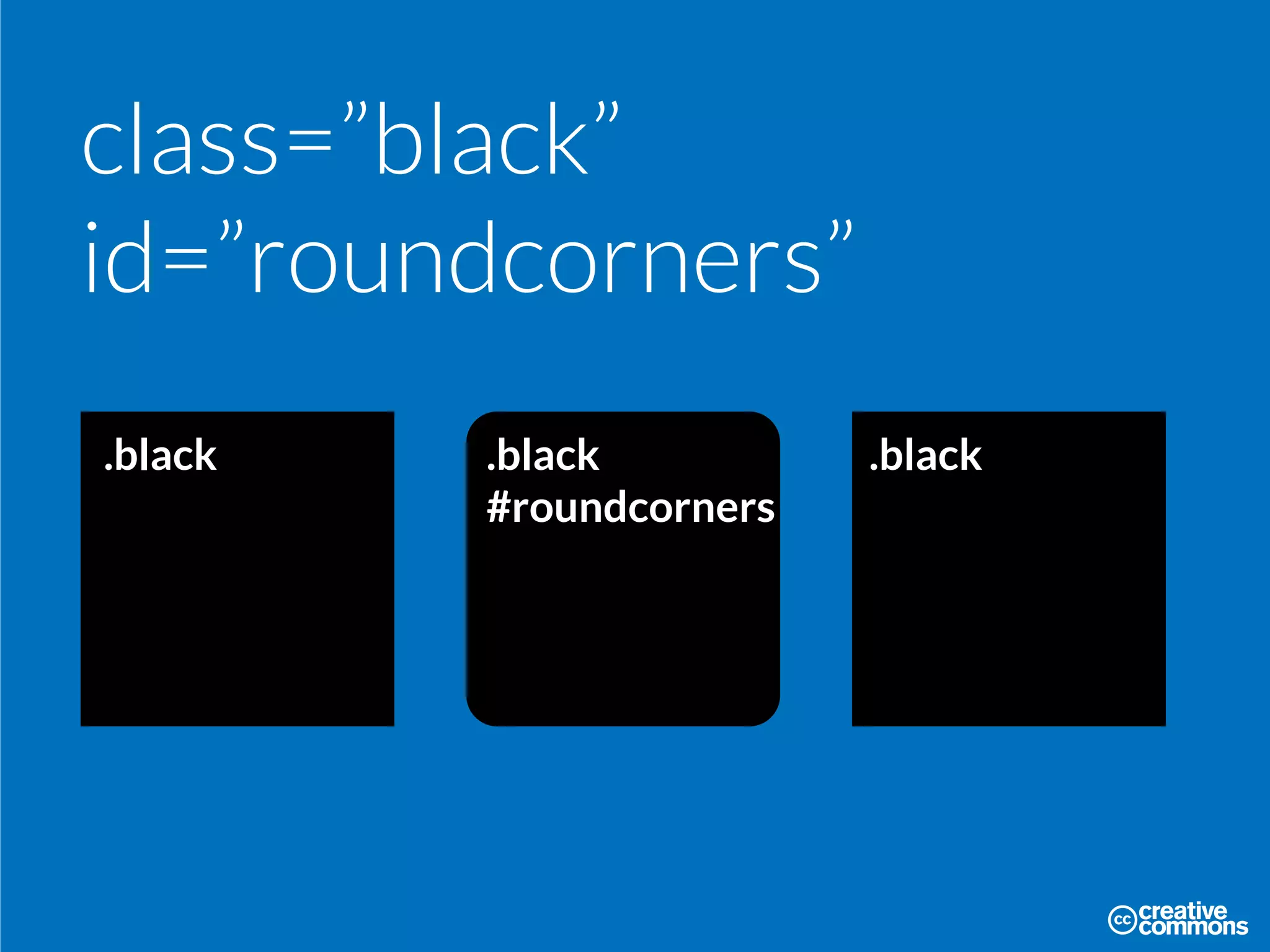 class=”black”
id=”roundcorners”
.black .black
#roundcorners
.black
 