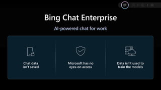 Classified as Microsoft Confidential
Bing Chat Enterprise
Chat data
isn’t saved
Microsoft has no
eyes-on access
Data isn’t used to
train the models
 