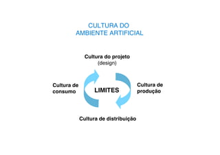 CULTURA DO
        AMBIENTE ARTIFICIAL


               Cultura do projeto
                    (design)



Cultura de                             Cultura de
consumo            LIMITES             produção




             Cultura de distribuição
 