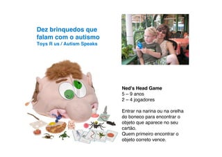 Dez brinquedos que
falam com o autismo
Toys R us / Autism Speaks




                            Ned's Head Game
                            5 – 9 anos
                            2 – 4 jogadores

                            Entrar na narina ou na orelha
                            do boneco para encontrar o
                            objeto que aparece no seu
                            cartão.
                            Quem primeiro encontrar o
                            objeto correto vence.
 