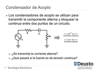 Tecnología Electrónica
Condensador de Acoplo
 Los condensadores de acoplo se utilizan para
transmitir la componente alterna y bloquear la
continua entre dos puntos de un circuito.
 ¿Se transmite la corriente alterna?
 ¿Qué pasará si la fuente es de tensión continua?
Corriente continua
Corriente alterna
 