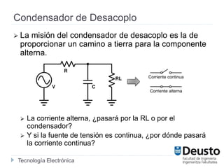 Tecnología Electrónica
Condensador de Desacoplo
 La misión del condensador de desacoplo es la de
proporcionar un camino a tierra para la componente
alterna.
 La corriente alterna, ¿pasará por la RL o por el
condensador?
 Y si la fuente de tensión es continua, ¿por dónde pasará
la corriente continua?
Corriente continua
Corriente alterna
 