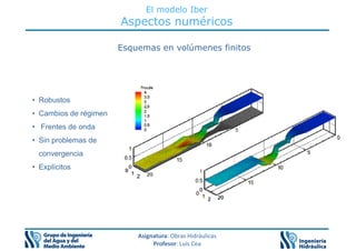 El modelo Iber
Aspectos numéricos
Esquemas en volúmenes finitos
• Robustos
C bi d é i
• Cambios de régimen
• Frentes de onda
• Sin problemas de
• Sin problemas de
convergencia
• Explícitos
• Explícitos
Asignatura: Obras Hidráulicas
Profesor: Luis Cea
 