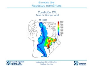 El modelo Iber
Aspectos numéricos
Condición CFL
P d ti l l
Δt local
Paso de tiempo local
Asignatura: Obras Hidráulicas
Profesor: Luis Cea
 