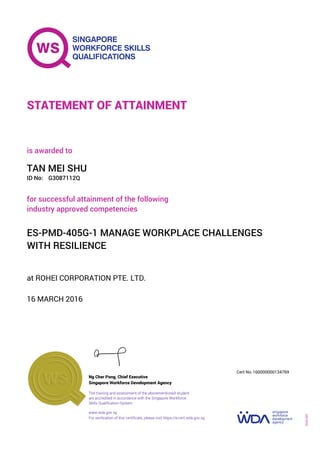 at ROHEI CORPORATION PTE. LTD.
is awarded to
16 MARCH 2016
for successful attainment of the following
industry approved competencies
ES-PMD-405G-1 MANAGE WORKPLACE CHALLENGES
WITH RESILIENCE
TAN MEI SHU
G3087112QID No:
STATEMENT OF ATTAINMENT
Singapore Workforce Development Agency
160000000134769
www.wda.gov.sg
The training and assessment of the abovementioned student
are accredited in accordance with the Singapore Workforce
Skills Qualification System
Ng Cher Pong, Chief Executive
Cert No.
SOA-001
For verification of this certificate, please visit https://e-cert.wda.gov.sg
 