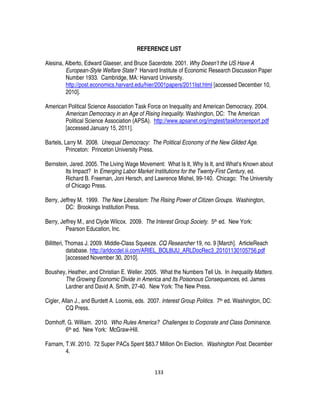 133
REFERENCE LIST
Alesina, Alberto, Edward Glaeser, and Bruce Sacerdote. 2001. Why Doesn’t the US Have A
European-Style Welfare State? Harvard Institute of Economic Research Discussion Paper
Number 1933. Cambridge, MA: Harvard University.
http://post.economics.harvard.edu/hier/2001papers/2011list.html [accessed December 10,
2010].
American Political Science Association Task Force on Inequality and American Democracy. 2004.
American Democracy in an Age of Rising Inequality. Washington, DC: The American
Political Science Association (APSA). http://www.apsanet.org/imgtest/taskforcereport.pdf
[accessed January 15, 2011].
Bartels, Larry M. 2008. Unequal Democracy: The Political Economy of the New Gilded Age.
Princeton: Princeton University Press.
Bernstein, Jared. 2005. The Living Wage Movement: What Is It, Why Is It, and What’s Known about
Its Impact? In Emerging Labor Market Institutions for the Twenty-First Century, ed.
Richard B. Freeman, Joni Hersch, and Lawrence Mishel, 99-140. Chicago: The University
of Chicago Press.
Berry, Jeffrey M. 1999. The New Liberalism: The Rising Power of Citizen Groups. Washington,
DC: Brookings Institution Press.
Berry, Jeffrey M., and Clyde Wilcox. 2009. The Interest Group Society. 5th ed. New York:
Pearson Education, Inc.
Billitteri, Thomas J. 2009. Middle-Class Squeeze. CQ Researcher 19, no. 9 [March]. ArticleReach
database. http://arldocdel.iii.com/ARIEL_BOL8IJU_ARLDocRec3_20101130105756.pdf
[accessed November 30, 2010].
Boushey, Heather, and Christian E. Weller. 2005. What the Numbers Tell Us. In Inequality Matters.
The Growing Economic Divide in America and Its Poisonous Consequences, ed. James
Lardner and David A. Smith, 27-40. New York: The New Press.
Cigler, Allan J., and Burdett A. Loomis, eds. 2007. Interest Group Politics. 7th ed. Washington, DC:
CQ Press.
Domhoff, G. William. 2010. Who Rules America? Challenges to Corporate and Class Dominance.
6th ed. New York: McGraw-Hill.
Farnam, T.W. 2010. 72 Super PACs Spent $83.7 Million On Election. Washington Post. December
4.
 