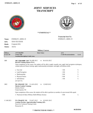 Page of1
06/28/2016
** PROTECTED BY FERPA **
ENDSLEY, ARIEL D 15
ENDSLEY, ARIEL D
XXX-XX-XXXX
Corporal (E4)
ENDSLEY, ARIEL D
Transcript Sent To:
Name:
SSN:
Rank:
JOINT SERVICES
TRANSCRIPT
**UNOFFICIAL**
Military Courses
ActiveStatus:
Military
Course ID
ACE Identifier
Course Title
Location-Description-Credit Areas
Dates Taken ACE
Credit Recommendation Level
Recruit Training Master FY11:
Upon completion of the course, the student will be able to apply casualty care; apply land navigation techniques;
conduct physical fitness training; apply marksmanship techniques; and apply self-defense skills.
MC-2204-0088 V03809 20-APR-2012 06-AUG-2012
First Aid
Land Navigation
Marksmanship
Physical Fitness
Self-Defense
L
L
L
L
L
1 SH
1 SH
3 SH
3 SH
1 SH
Marine Combat Training:
Aviation Warfare Apprenticeship Training (AP):
MC-2204-0105 V02
NV-1704-0678 V01
21-AUG-2012
25-OCT-2012
12-SEP-2012
05-NOV-2012
Upon completion of the course, the student will be able to perform as member of a provisional rifle squad.
M92
C-100-2021
Infantry School
Naval Air Technical Training Center
Camp Lejeune, NC
Pensacola, FL
Practicum In Basic Military Skills/Military Science 3 SH L
(4/13)(7/15)
to
to
to
 
