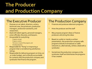 The Executive Producer
 Oversee on-air talent, directors, writers,
technical crew, line producers, production
managers, production assistants, and
researchers.
 Deal with talent agents, personal managers,
union officials, the press, and lawyers.
 Answerable for everything:
 Program concept
 Program content
 The tone or mood of the program, and
 Overall production
 Responsible for “fixing” or improving a
program that is not delivering satisfactory
ratings.
 Responsible for delivering program on time, on
or under budget, and is directly accountable
for contacts with the production company and
syndicator that finance the program.
The Production Company
 Finances and produces television programs
 Hires the producer and the staff
 May propose program ideas or finance
producers who bring the ideas
 Based on a pilot or merely a written
presentation, the production company sells
programs directly to broadcast or cable
networks or, alternatively, strikes a deal with a
syndicator.
 Sometimes the production company is the
syndicator itself and distributes the programs
it has created.
 