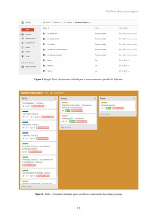 Outliers detection engine
17
Figura 5. Google Drive - Ferramenta utilizada para o armazenamento e partilha de ficheiros.
Figura 6. Trello – Ferramenta utilizada para o auxílio no cumprimento das metas propostas.
 