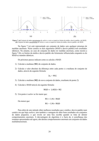 Outliers detection engine
24
(a) (b)
Figura 7. (a) Conjunto de dados sem presença de outliers e com os respetivos limites da média e desvio padrão e do MAD;
(b) Conjunto de dados com presença de outliers e com os respetivos limites da média e desvio padrão e do MAD.
Na figura 7 (a) está representado um conjunto de dados sem qualquer presença de
medidas anormais. Neste cenário os dois algoritmos (MAD e desvio padrão) tem resultados
idênticos. No entanto, no caso do conjunto de dados ter medidas anormais, como mostra a
figura 7 (b), os limites da média e desvio padrão são fortemente influenciados enquanto os do
MAD se mantêm idênticos.
Os próximos passos indicam como se calcula o MAD:
1) Calcular a mediana (M1) do conjunto de dados.
2) Calcula o valor absoluto da diferença entre cada ponto e a mediana do conjunto de
dados, através da seguinte fórmula:
|xi − M1|
3) Calcular a mediana (M2) do novo conjunto de dados, resultante do ponto 2).
4) Calcular o MAD através da seguinte fórmula:
MAD = 1,4826 ∗ M2
5) Um ponto é outlier se for maior que:
M1 + 1,96 ∗ MAD
Ou menor que:
M1 − 1,96 ∗ MAD
Para além de este método obter melhores resultados que a média e desvio padrão num
cenário em que haja outliers, tem também a vantagem de obter bons resultados em conjuntos
de dados pequenos, o que revela ser uma boa escolha quando se trata de detetar
comportamentos anormais. A desvantagem do algoritmo é o facto de, à semelhança dos
restantes apresentados até agora, não detetar comportamentos anormais em conjuntos de dados
multidimensionais.
 