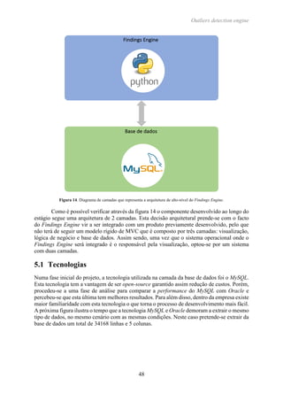 Outliers detection engine
48
Figura 14. Diagrama de camadas que representa a arquitetura de alto-nível do Findings Engine.
Como é possível verificar através da figura 14 o componente desenvolvido ao longo do
estágio segue uma arquitetura de 2 camadas. Esta decisão arquitetural prende-se com o facto
do Findings Engine vir a ser integrado com um produto previamente desenvolvido, pelo que
não terá de seguir um modelo rígido de MVC que é composto por três camadas: visualização,
lógica de negócio e base de dados. Assim sendo, uma vez que o sistema operacional onde o
Findings Engine será integrado é o responsável pela visualização, optou-se por um sistema
com duas camadas.
5.1 Tecnologias
Numa fase inicial do projeto, a tecnologia utilizada na camada da base de dados foi o MySQL.
Esta tecnologia tem a vantagem de ser open-source garantido assim redução de custos. Porém,
procedeu-se a uma fase de análise para comparar a performance do MySQL com Oracle e
percebeu-se que esta última tem melhores resultados. Para além disso, dentro da empresa existe
maior familiaridade com esta tecnologia o que torna o processo de desenvolvimento mais fácil.
A próxima figura ilustra o tempo que a tecnologia MySQL e Oracle demoram a extrair o mesmo
tipo de dados, no mesmo cenário com as mesmas condições. Neste caso pretende-se extrair da
base de dados um total de 34168 linhas e 5 colunas.
 