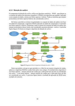 Outliers detection engine
66
6.3.1 Deteção de outliers
O componente da deteção de outliers utiliza um algoritmo estatístico – MAD – para detetar se
o conjunto de análise tem amostras irregulares. O MAD é um algoritmo que quando é aplicado
a um conjunto de dados, retorna um limite superior e inferior. Todas as amostras que estejam
acima/abaixo do limite superior/inferior são consideradas outliers.
De forma a perceber se existem irregularidades no conjunto de dados de análise com base
nos dados de comparação, o algoritmo MAD é aplicado aos dados de comparação e é retornado
um limite superior e inferior. Finalmente, todos os pontos do conjunto de dados de análise que
estejam acima/abaixo desses limites são considerados amostras anormais - outliers. A próxima
figura (figura 23) ilustra na íntegra o algoritmo de deteção de outliers.
Figura 23. Diagrama de fluxo do algoritmo de deteção de outliers - MAD.
Neste caso prático, em que se quer perceber se o John fez um numero irregular de vendas,
aplica-se o algoritmo MAD às vendas feitas pelos seus colegas. O resultado desse algoritmo é
um limite superior – número máximo de vendas que o John pode fazer até não ser considerado
um outlier – e um limite inferior – número mínimo de vendas que o John pode fazer até não
ser considerado um outlier. A próxima figura ilustra o resultado da aplicação do MAD neste
exemplo em concreto.
 