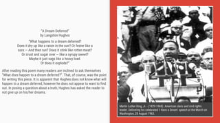 “A Dream Deferred”
by Langston Hughes
“What happens to a dream deferred?
Does it dry up like a raisin in the sun? Or fester like a
sore — And then run? Does it stink like rotten meat?
Or crust and sugar over — like a syrupy sweet?
Maybe it just sags like a heavy load.
Or does it explode?”
After reading this poem many readers are inclined to ask themselves
“What does happen to a dream deferred?”. That, of course, was the point
for writing this piece. It is apparent that Hughes does not know what will
happen to a dream deferred, however he does not appear to want to find
out. In posing a question about a truth, Hughes has asked the reader to
not give up on his/her dreams.
Martin Luther King, Jr. - (1929-1968). American cleric and civil rights
leader. Delivering his celebrated 'I Have a Dream' speech at the March on
Washington, 28 August 1963.
 
