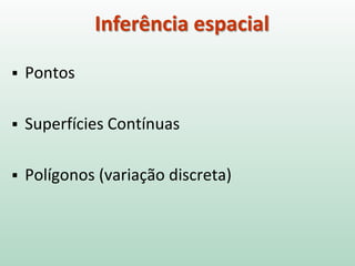 Inferência espacial
 Pontos
 Superfícies Contínuas
 Polígonos (variação discreta)
 