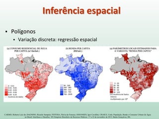 Inferência espacial
 Polígonos
 Variação discreta: regressão espacial
CARMO, Roberto Luiz do; DAGNINO, Ricardo Sampaio; FEITOSA, Flávia da Fonseca; JOHANSEN, Igor Cavallini; CRAICE, Carla. População, Renda e Consumo Urbano de Água
no Brasil: Interfaces e Desafios. XX Simpósio Brasileiro de Recursos Hídricos. 17 a 22 de novembro de 2013. Bento Gonçalves, RS.
 