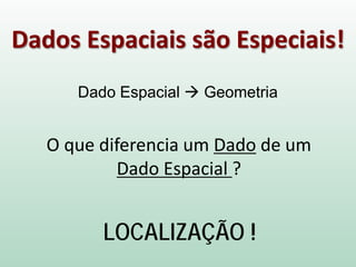 O que diferencia um Dado de um
Dado Espacial ?
LOCALIZAÇÃO !
Dado Espacial  Geometria
Dados Espaciais são Especiais!
 