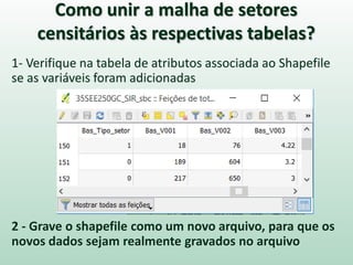 Como unir a malha de setores
censitários às respectivas tabelas?
1- Verifique na tabela de atributos associada ao Shapefile
se as variáveis foram adicionadas
2 - Grave o shapefile como um novo arquivo, para que os
novos dados sejam realmente gravados no arquivo
 