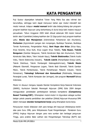 Puji Syukur dipanjatkan kehadirat Tuhan Yang Maha Esa atas rahmat dan 
karuniaNya, sehingga kami dapat menyusun bahan ajar modul interaktif dan 
modul manual. Adapun modul manual terdiri atas bidang-bidang dan program-program 
keahlian kejuruan yang berkembang di dunia kerja baik instansi maupun 
perusahaan. Tahun Anggaran 2005 telah dibuat sebanyak 300 modul manual 
terdiri atas 9 (sembilan) bidang keahlian dan 32 (tiga puluh dua) program keahlian 
yaitu: Bisnis dan Manajemen (Administrasi Perkantoran dan Akuntansi), 
Pertanian (Agroindustri pangan dan nonpangan, Budidaya Tanaman, Budidaya 
Ternak Ruminansia, Pengendalian Mutu), Seni Rupa dan Kriya (Kriya Kayu, 
Kriya Keramik, Kriya Kulit, Kriya Logam Kriya Tekstil), Tata Busan, Teknik 
Bangunan (Gambar Bangunan, Teknik Konstruksi Baja dan Alumunium, Teknik 
Konstruksi Batu Beton, Tekni Industri Kayu), Teknik Elektronika (Teknik Audio 
Vidio, Teknik Elektronika Industri), Teknik Listrik (Pemanfaatan Energi Listrik, 
Teknik Distribusi, Teknik Pembangkit Ketenagalistrik-kan), Teknik Mesin 
(Mekanik Otomotif, Pengecoran Logam, Teknik Bodi Otomotif, Teknik Gambar 
Mesin, Teknik Pembentukan, Teknik Pemeliharaan Mekanik Industri, Teknik 
Pemesinan), Teknologi Informasi dan Komunikasi (Multimedia, Rekayasa 
Perangkat Lunak, Teknik Komputer dan Jaringan), dan program Normatif Bahasa 
Indonesia. 
Modul ini disusun mengacu kepada Standar Kompetensi Kerja Nasional Indonesia 
(SKKNI), Kurikulum Sekolah Menengah Kejuruan (SMK) Edisi 2004 dengan 
menggunakan pendekatan pembelajaran berbasis kompetensi (Competency 
Based Training/CBT). Diharapkan modul-modul ini digunakan sebagai sumber 
belajar pokok peserta pendidikan dan pelatihan (Diklat) Kejuruan khususnya SMK 
dalam mencapai standar kompetensi kerja yang diharapkan dunia kerja. 
Penyusunan modul dilakukan oleh para tenaga ahli kejuruan dibidangnya terdiri 
atas para Guru SMK, para Widyaiswara Pusat Pengembangan Penataran Guru 
(PPPG) lingkup Kejuruan dengan para nara sumber dari berbagai perguruan 
Tinggi, para praktisi Balai Latihan dan Pengembangan Teknologi (BLPT) dan 
Modul ELKA-MR.UM.008.A 
KATA PENGANTAR 
i 
 