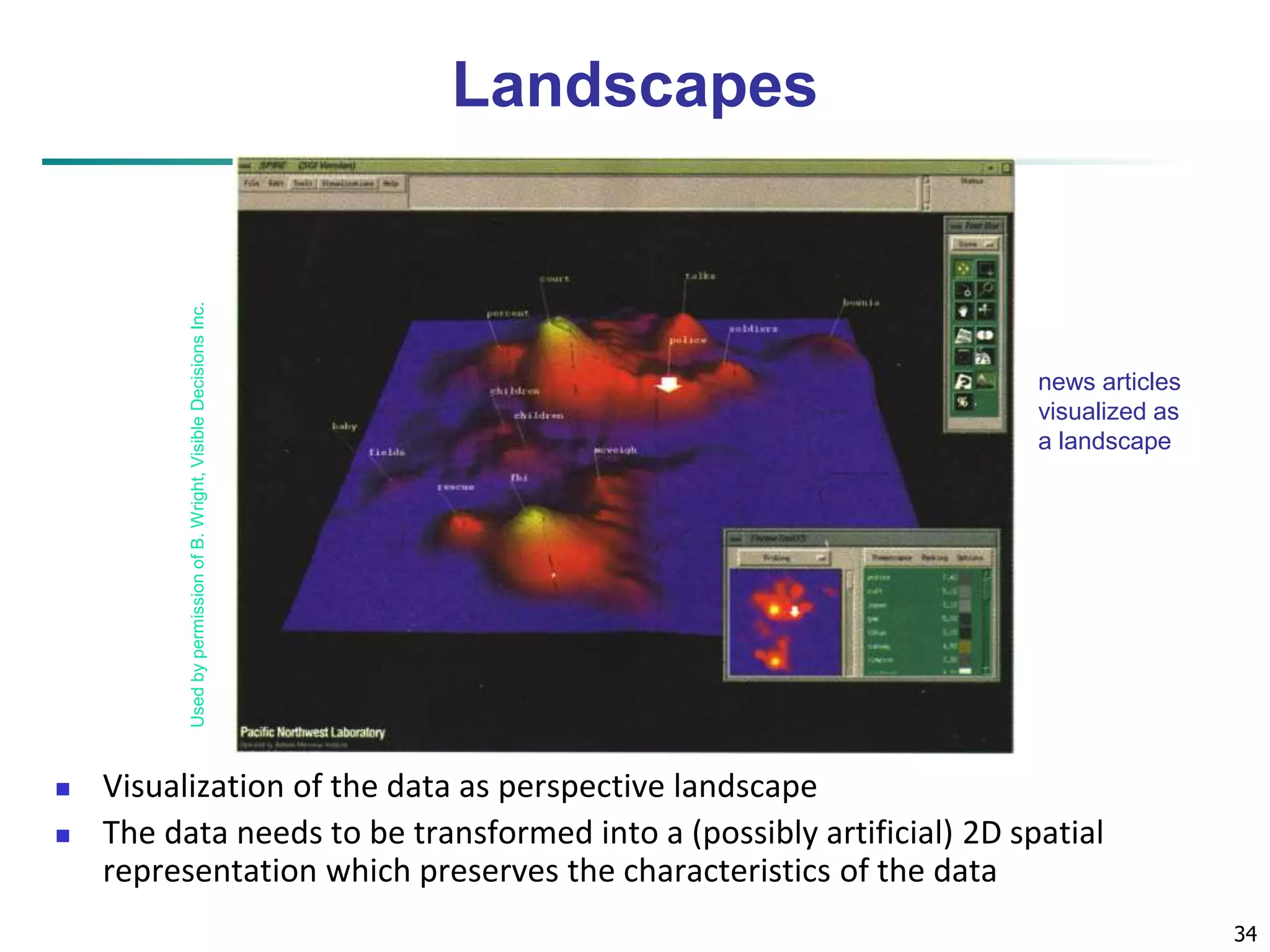 34 
news articles 
visualized as 
a landscape 
Used by permission of B. Wright, Visible Decisions Inc. 
Landscapes 
 Visualization of the data as perspective landscape 
 The data needs to be transformed into a (possibly artificial) 2D spatial 
representation which preserves the characteristics of the data 
 