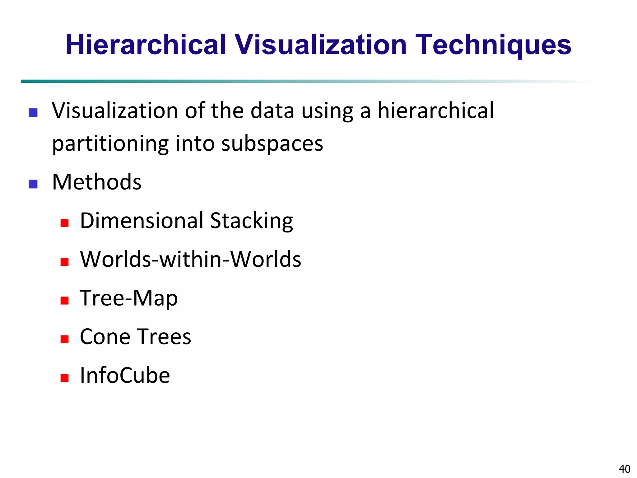 40 
Hierarchical Visualization Techniques 
 Visualization of the data using a hierarchical 
partitioning into subspaces 
 Methods 
 Dimensional Stacking 
 Worlds-within-Worlds 
 Tree-Map 
 Cone Trees 
 InfoCube 
 