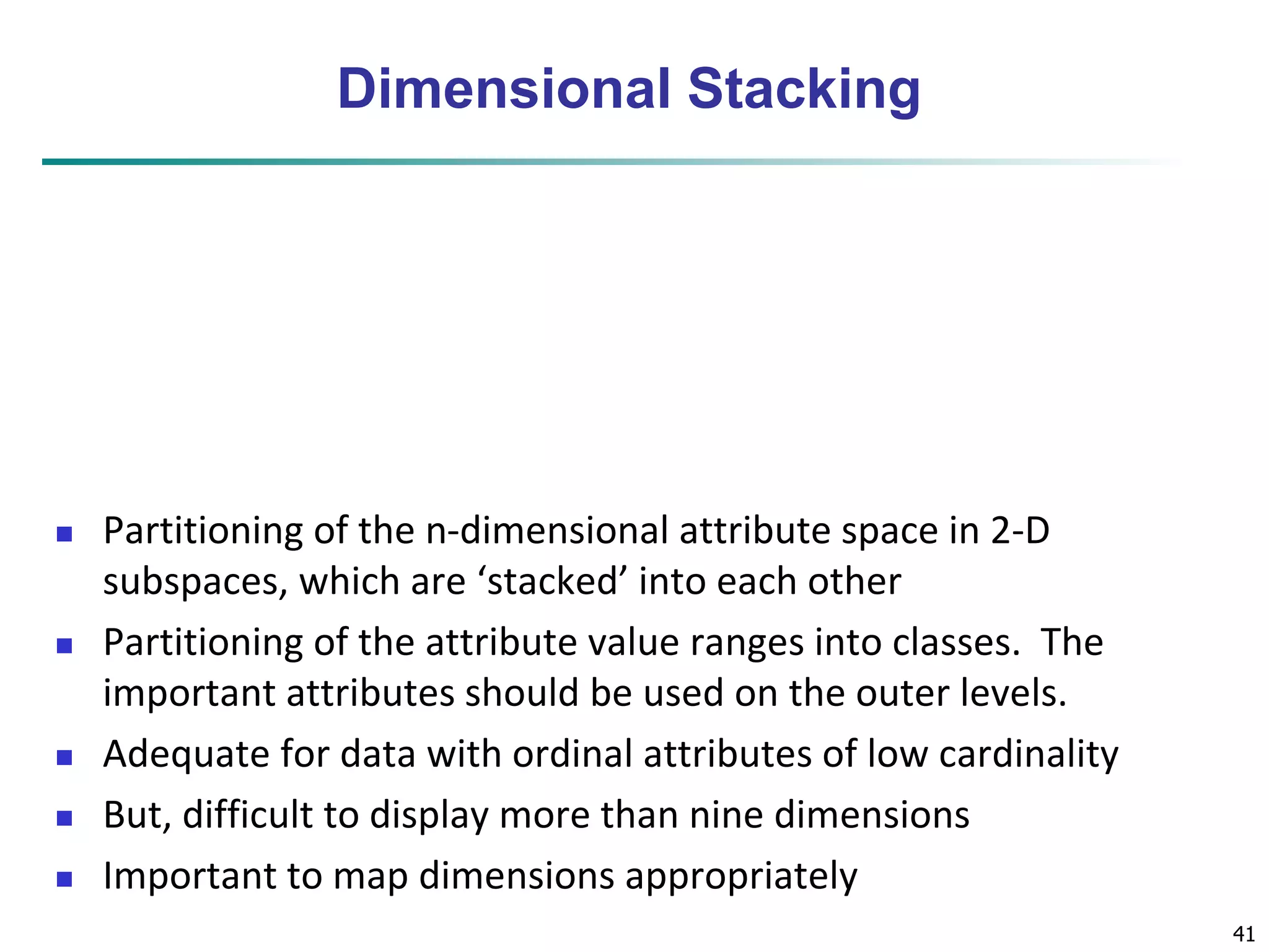 41 
Dimensional Stacking 
 Partitioning of the n-dimensional attribute space in 2-D 
subspaces, which are ‘stacked’ into each other 
 Partitioning of the attribute value ranges into classes. The 
important attributes should be used on the outer levels. 
 Adequate for data with ordinal attributes of low cardinality 
 But, difficult to display more than nine dimensions 
 Important to map dimensions appropriately 
 