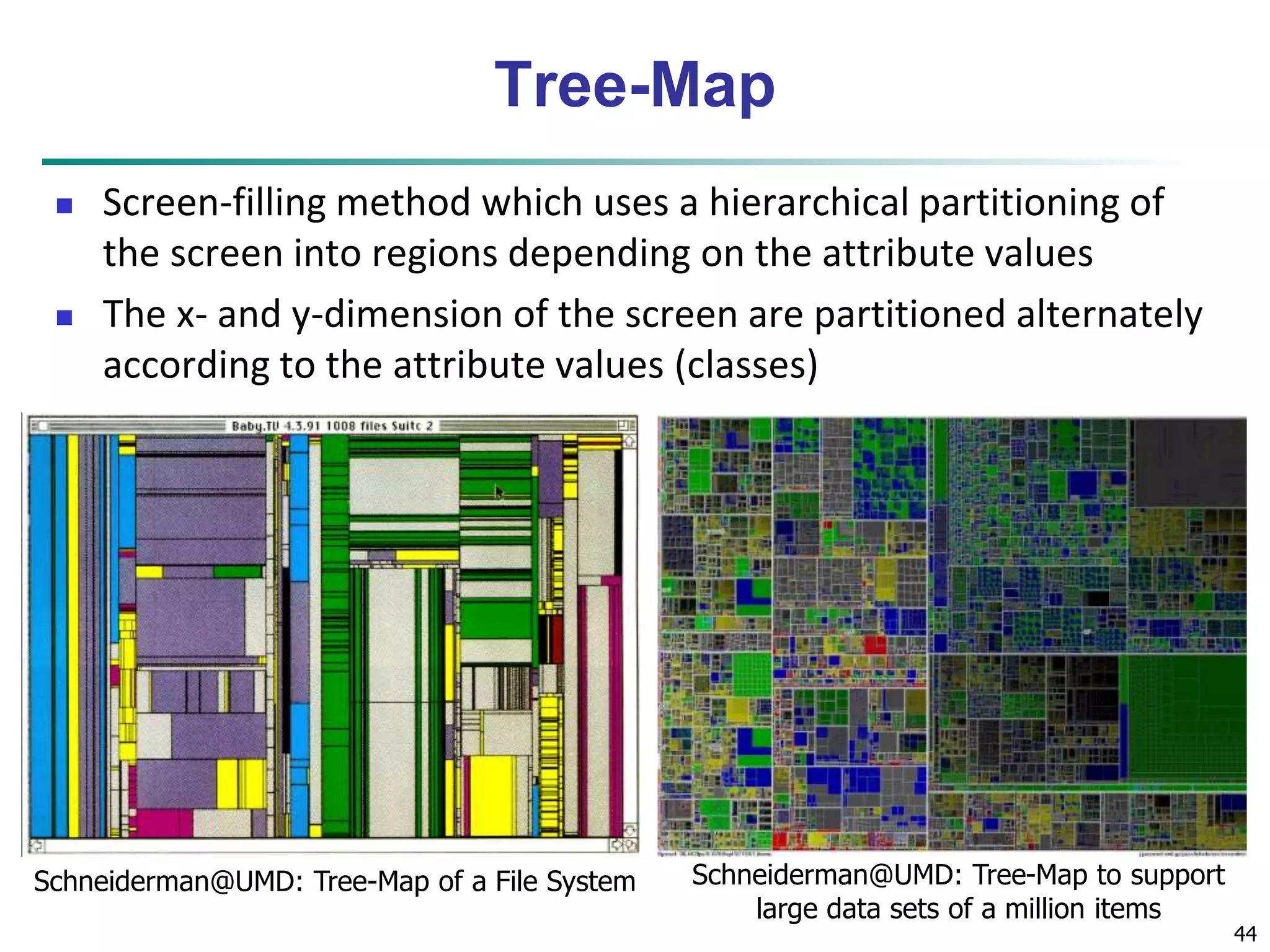 44 
Tree-Map 
 Screen-filling method which uses a hierarchical partitioning of 
the screen into regions depending on the attribute values 
 The x- and y-dimension of the screen are partitioned alternately 
according to the attribute values (classes) 
Schneiderman@UMD: Tree-Map of a File System Schneiderman@UMD: Tree-Map to support 
large data sets of a million items 
 