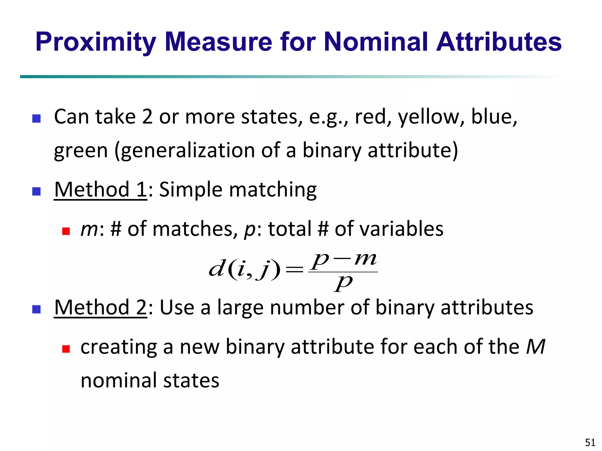 51 
Proximity Measure for Nominal Attributes 
 Can take 2 or more states, e.g., red, yellow, blue, 
green (generalization of a binary attribute) 
 Method 1: Simple matching 
 m: # of matches, p: total # of variables 
p  
m 
p 
d i j 
( , ) 
 Method 2: Use a large number of binary attributes 
 creating a new binary attribute for each of the M 
nominal states 
 