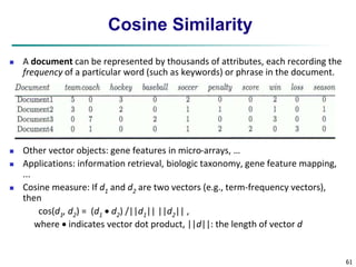 61 
Cosine Similarity 
 A document can be represented by thousands of attributes, each recording the 
frequency of a particular word (such as keywords) or phrase in the document. 
 Other vector objects: gene features in micro-arrays, … 
 Applications: information retrieval, biologic taxonomy, gene feature mapping, 
... 
 Cosine measure: If d1 and d2 are two vectors (e.g., term-frequency vectors), 
then 
cos(d1, d2) = (d1  d2) /||d1|| ||d2|| , 
where  indicates vector dot product, ||d||: the length of vector d 
 