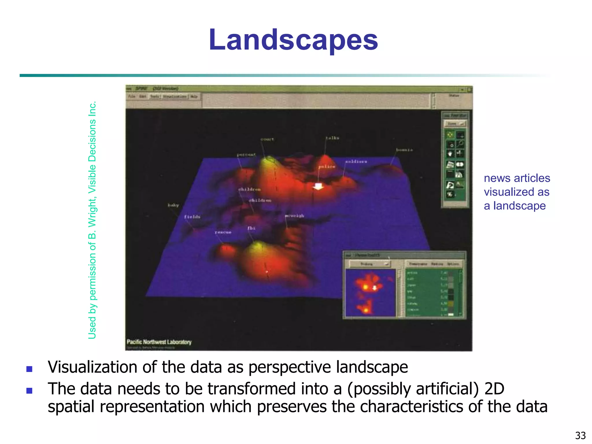 33 
news articles 
visualized as 
a landscape 
Used by permission of B. Wright, Visible Decisions Inc. 
Landscapes 
 Visualization of the data as perspective landscape 
 The data needs to be transformed into a (possibly artificial) 2D 
spatial representation which preserves the characteristics of the data 
 