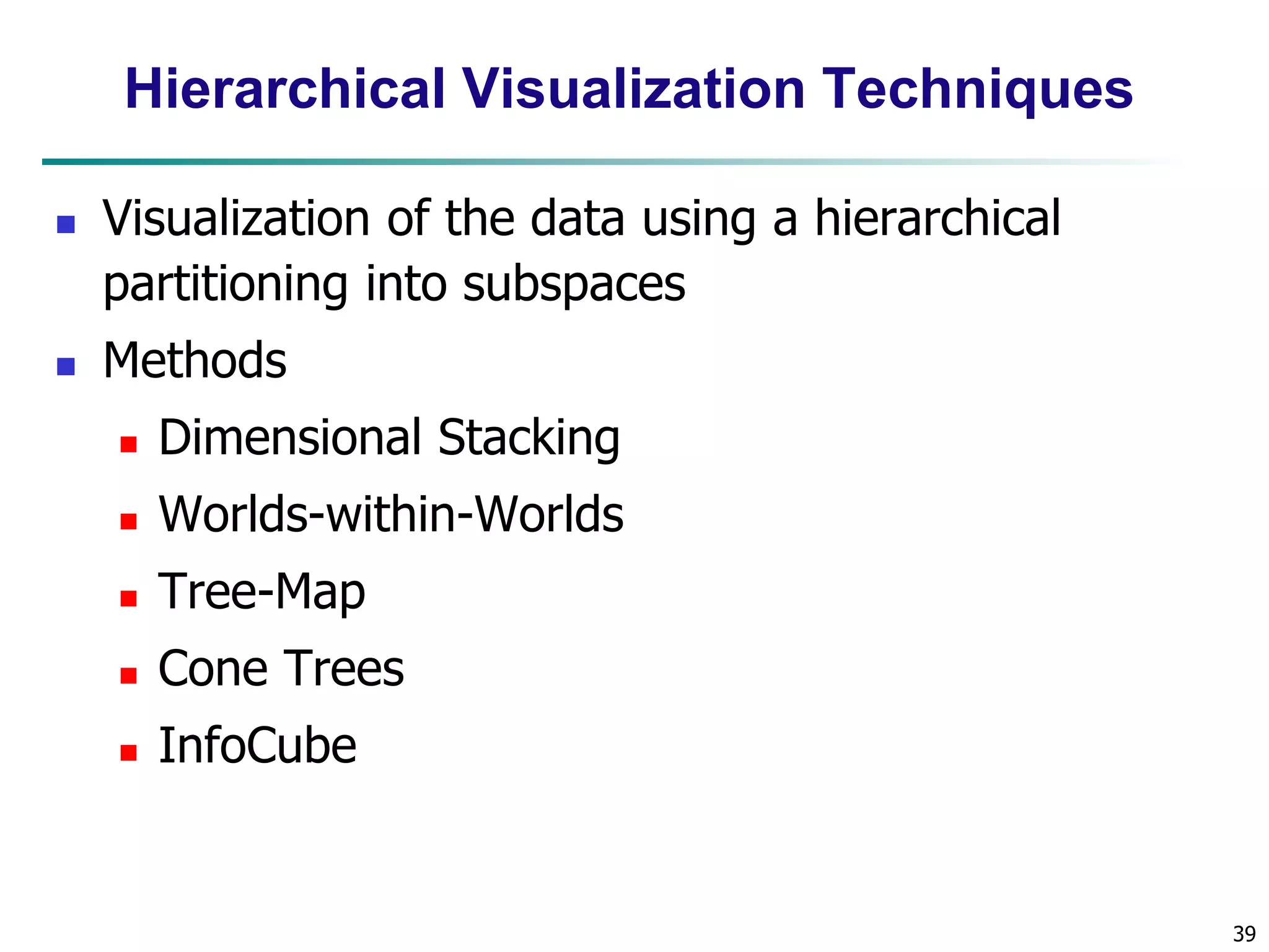 39 
Hierarchical Visualization Techniques 
 Visualization of the data using a hierarchical 
partitioning into subspaces 
 Methods 
 Dimensional Stacking 
 Worlds-within-Worlds 
 Tree-Map 
 Cone Trees 
 InfoCube 
 