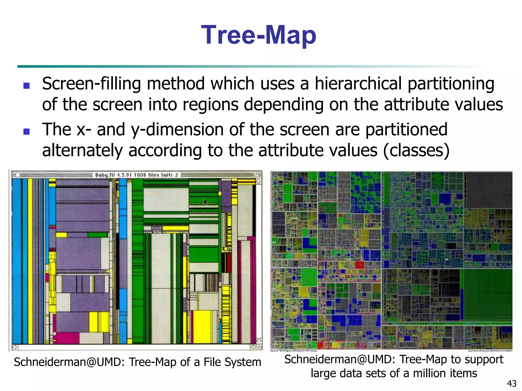 43 
Tree-Map 
 Screen-filling method which uses a hierarchical partitioning 
of the screen into regions depending on the attribute values 
 The x- and y-dimension of the screen are partitioned 
alternately according to the attribute values (classes) 
Schneiderman@UMD: Tree-Map of a File System Schneiderman@UMD: Tree-Map to support 
large data sets of a million items 
 