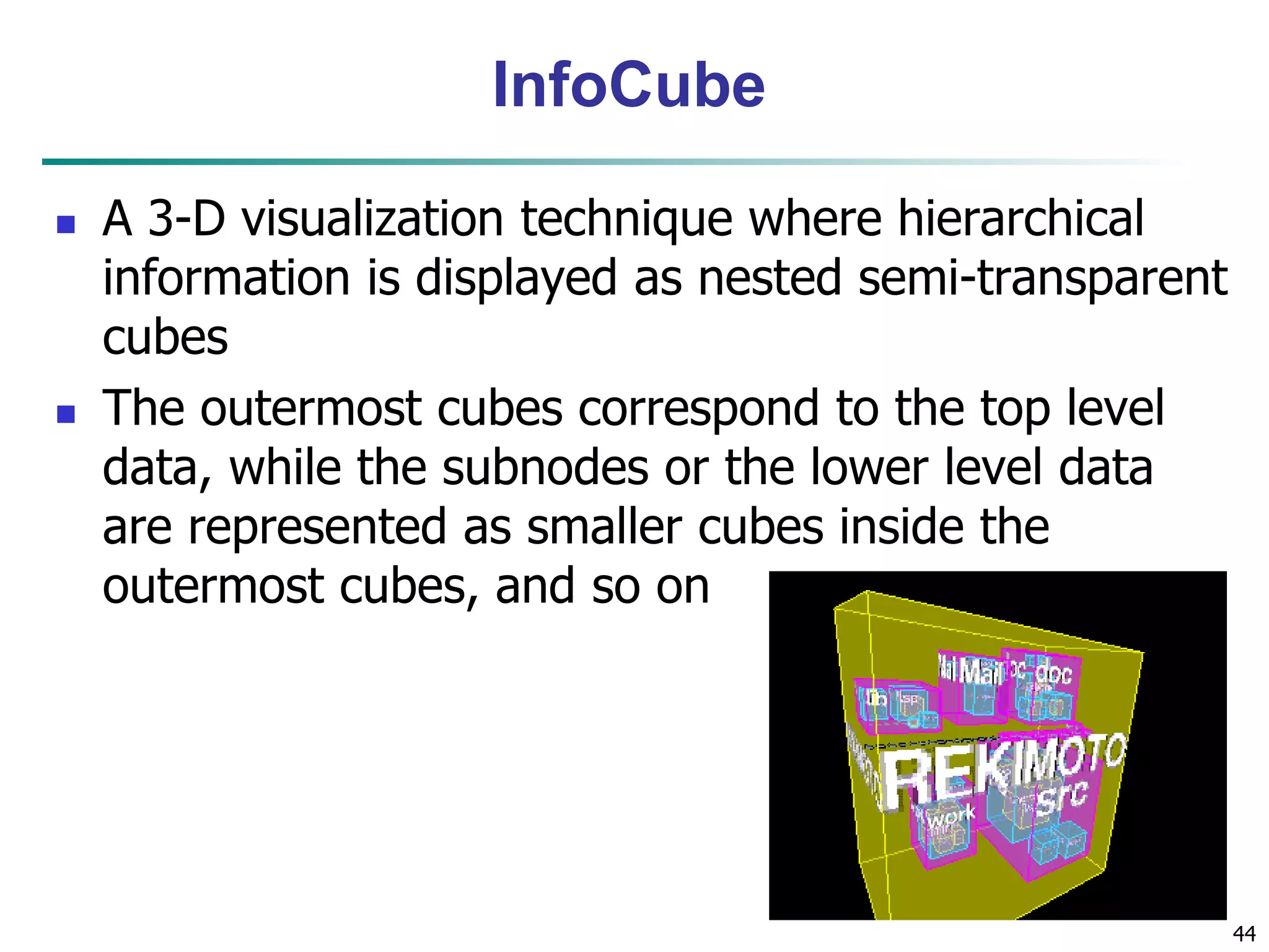 44 
InfoCube 
 A 3-D visualization technique where hierarchical 
information is displayed as nested semi-transparent 
cubes 
 The outermost cubes correspond to the top level 
data, while the subnodes or the lower level data 
are represented as smaller cubes inside the 
outermost cubes, and so on 
 