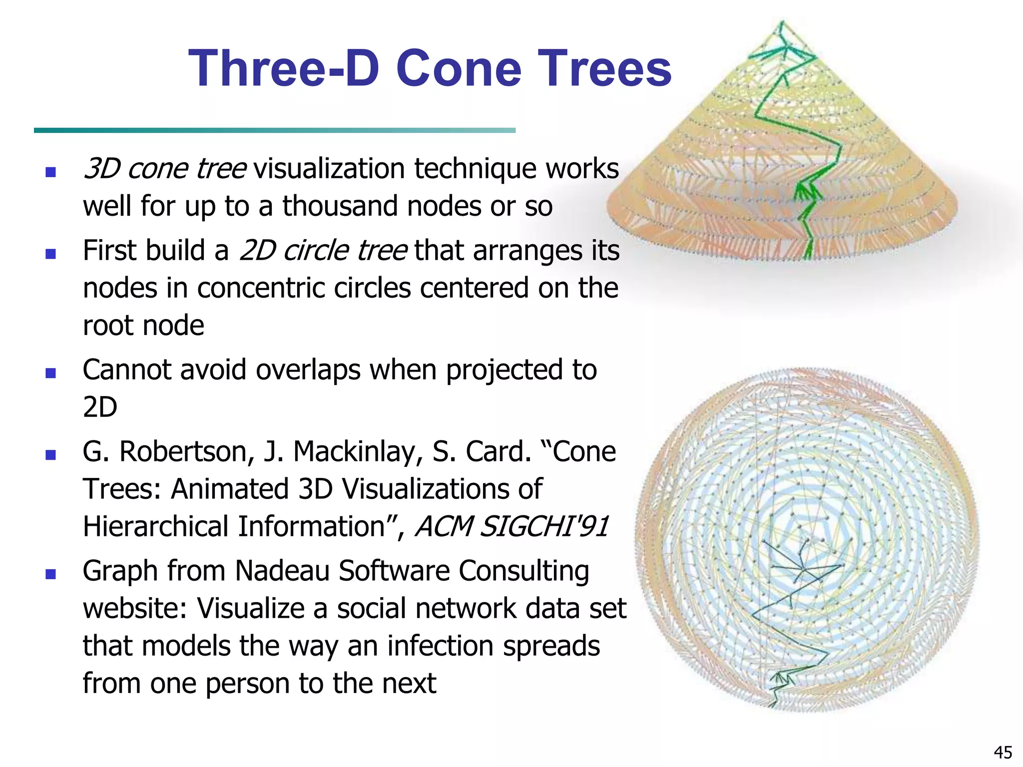 45 
Three-D Cone Trees 
 3D cone tree visualization technique works 
well for up to a thousand nodes or so 
 First build a 2D circle tree that arranges its 
nodes in concentric circles centered on the 
root node 
 Cannot avoid overlaps when projected to 
2D 
 G. Robertson, J. Mackinlay, S. Card. “Cone 
Trees: Animated 3D Visualizations of 
Hierarchical Information”, ACM SIGCHI'91 
 Graph from Nadeau Software Consulting 
website: Visualize a social network data set 
that models the way an infection spreads 
from one person to the next 
 