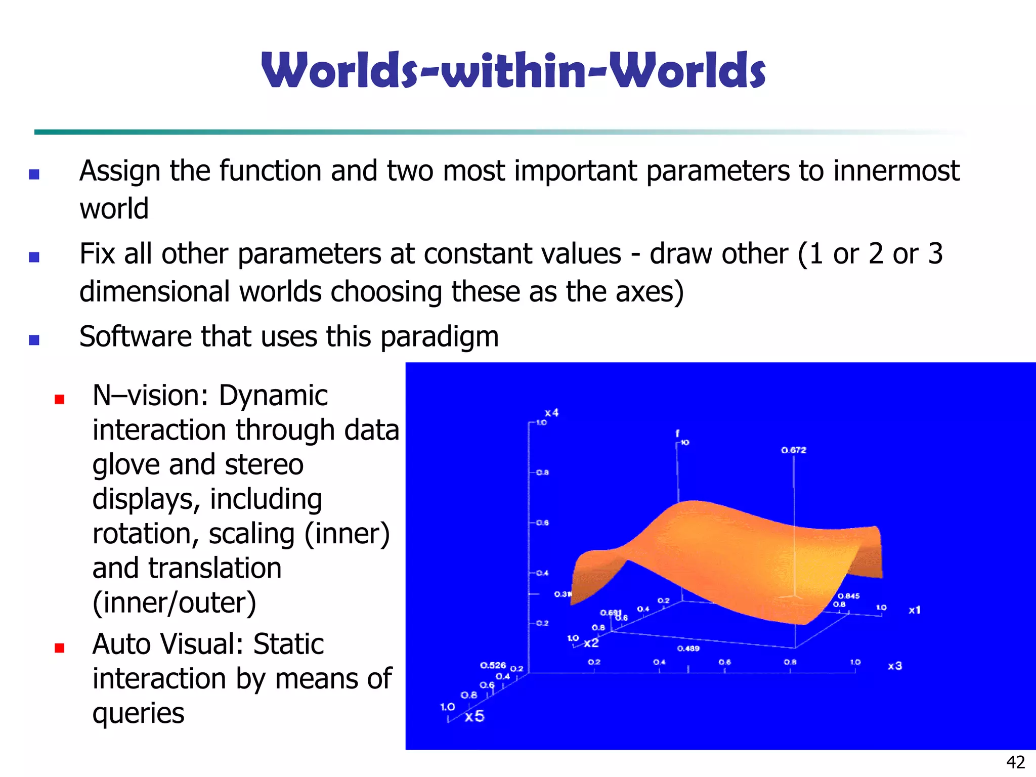 42
Worlds-within-Worlds
◼ Assign the function and two most important parameters to innermost
world
◼ Fix all other parameters at constant values - draw other (1 or 2 or 3
dimensional worlds choosing these as the axes)
◼ Software that uses this paradigm
◼ N–vision: Dynamic
interaction through data
glove and stereo
displays, including
rotation, scaling (inner)
and translation
(inner/outer)
◼ Auto Visual: Static
interaction by means of
queries
 