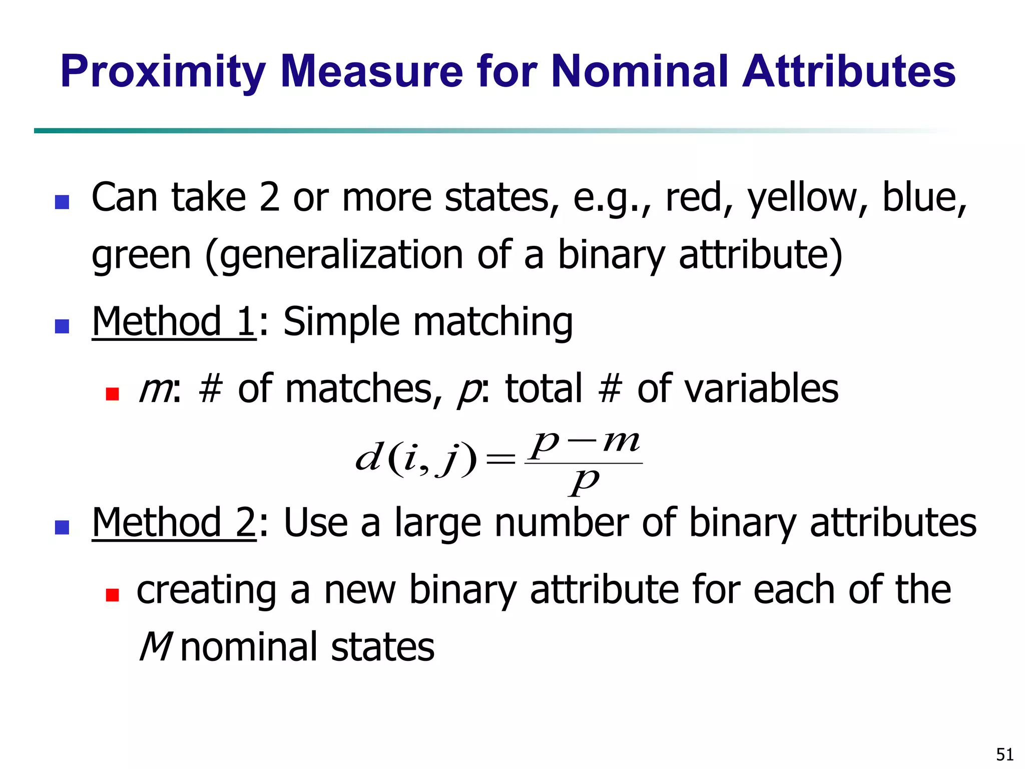 51
Proximity Measure for Nominal Attributes
 Can take 2 or more states, e.g., red, yellow, blue,
green (generalization of a binary attribute)
 Method 1: Simple matching
 m: # of matches, p: total # of variables
 Method 2: Use a large number of binary attributes
 creating a new binary attribute for each of the
M nominal states
p
m
p
j
i
d 

)
,
(
 