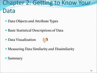 Chapter 2: Getting to Know Your
Data
 Data Objects and Attribute Types
 Basic Statistical Descriptions of Data
 Data Visualization
 Measuring Data Similarity and Dissimilarity
 Summary
30
 