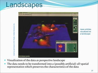 Landscapes
 Visualization of the data as perspective landscape
 The data needs to be transformed into a (possibly artificial) 2D spatial
representation which preserves the characteristics of the data
37
news articles
visualized as
a landscape
Used
by
permission
of
B.
Wright,
Visible
Decisions
Inc.
 