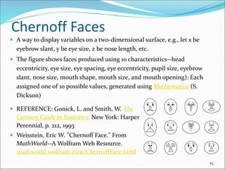 Chernoff Faces
 A way to display variables on a two-dimensional surface, e.g., let x be
eyebrow slant, y be eye size, z be nose length, etc.
 The figure shows faces produced using 10 characteristics--head
eccentricity, eye size, eye spacing, eye eccentricity, pupil size, eyebrow
slant, nose size, mouth shape, mouth size, and mouth opening): Each
assigned one of 10 possible values, generated using Mathematica (S.
Dickson)
 REFERENCE: Gonick, L. and Smith, W. The
Cartoon Guide to Statistics. New York: Harper
Perennial, p. 212, 1993
 Weisstein, Eric W. "Chernoff Face." From
MathWorld--A Wolfram Web Resource.
mathworld.wolfram.com/ChernoffFace.html
41
 