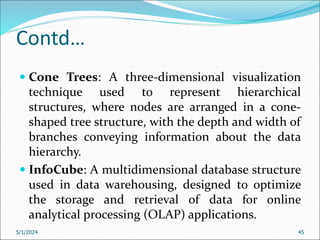 Contd…
 Cone Trees: A three-dimensional visualization
technique used to represent hierarchical
structures, where nodes are arranged in a cone-
shaped tree structure, with the depth and width of
branches conveying information about the data
hierarchy.
 InfoCube: A multidimensional database structure
used in data warehousing, designed to optimize
the storage and retrieval of data for online
analytical processing (OLAP) applications.
5/1/2024 45
 