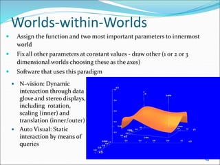Worlds-within-Worlds
 Assign the function and two most important parameters to innermost
world
 Fix all other parameters at constant values - draw other (1 or 2 or 3
dimensional worlds choosing these as the axes)
 Software that uses this paradigm
 N–vision: Dynamic
interaction through data
glove and stereo displays,
including rotation,
scaling (inner) and
translation (inner/outer)
 Auto Visual: Static
interaction by means of
queries
48
 