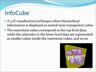 InfoCube
 A 3-D visualization technique where hierarchical
information is displayed as nested semi-transparent cubes
 The outermost cubes correspond to the top level data,
while the subnodes or the lower level data are represented
as smaller cubes inside the outermost cubes, and so on
51
 