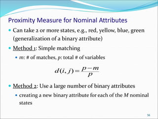 Proximity Measure for Nominal Attributes
 Can take 2 or more states, e.g., red, yellow, blue, green
(generalization of a binary attribute)
 Method 1: Simple matching
 m: # of matches, p: total # of variables
 Method 2: Use a large number of binary attributes
 creating a new binary attribute for each of the M nominal
states
56
p
m
p
j
i
d 

)
,
(
 