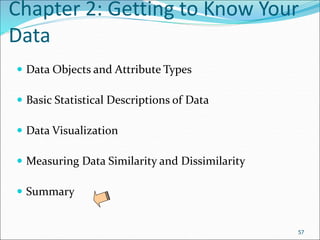 Chapter 2: Getting to Know Your
Data
 Data Objects and Attribute Types
 Basic Statistical Descriptions of Data
 Data Visualization
 Measuring Data Similarity and Dissimilarity
 Summary
57
 