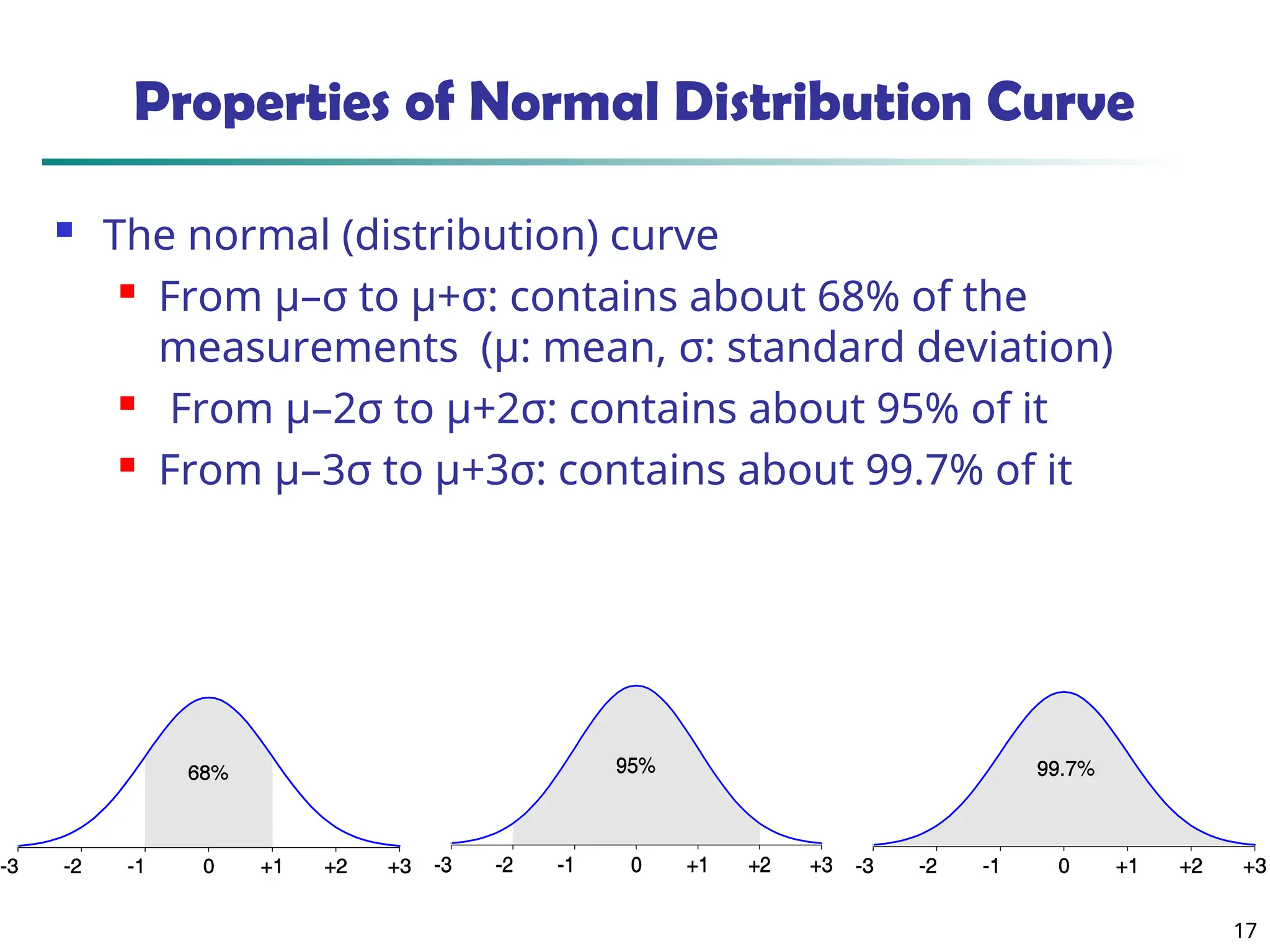 17
Properties of Normal Distribution Curve
 The normal (distribution) curve
 From μ–σ to μ+σ: contains about 68% of the
measurements (μ: mean, σ: standard deviation)
 From μ–2σ to μ+2σ: contains about 95% of it
 From μ–3σ to μ+3σ: contains about 99.7% of it
 