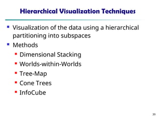 39
Hierarchical Visualization Techniques
 Visualization of the data using a hierarchical
partitioning into subspaces
 Methods
 Dimensional Stacking
 Worlds-within-Worlds
 Tree-Map
 Cone Trees
 InfoCube
 
