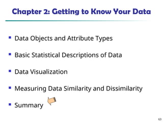 63
Chapter 2: Getting to Know Your Data
 Data Objects and Attribute Types
 Basic Statistical Descriptions of Data
 Data Visualization
 Measuring Data Similarity and Dissimilarity
 Summary
 