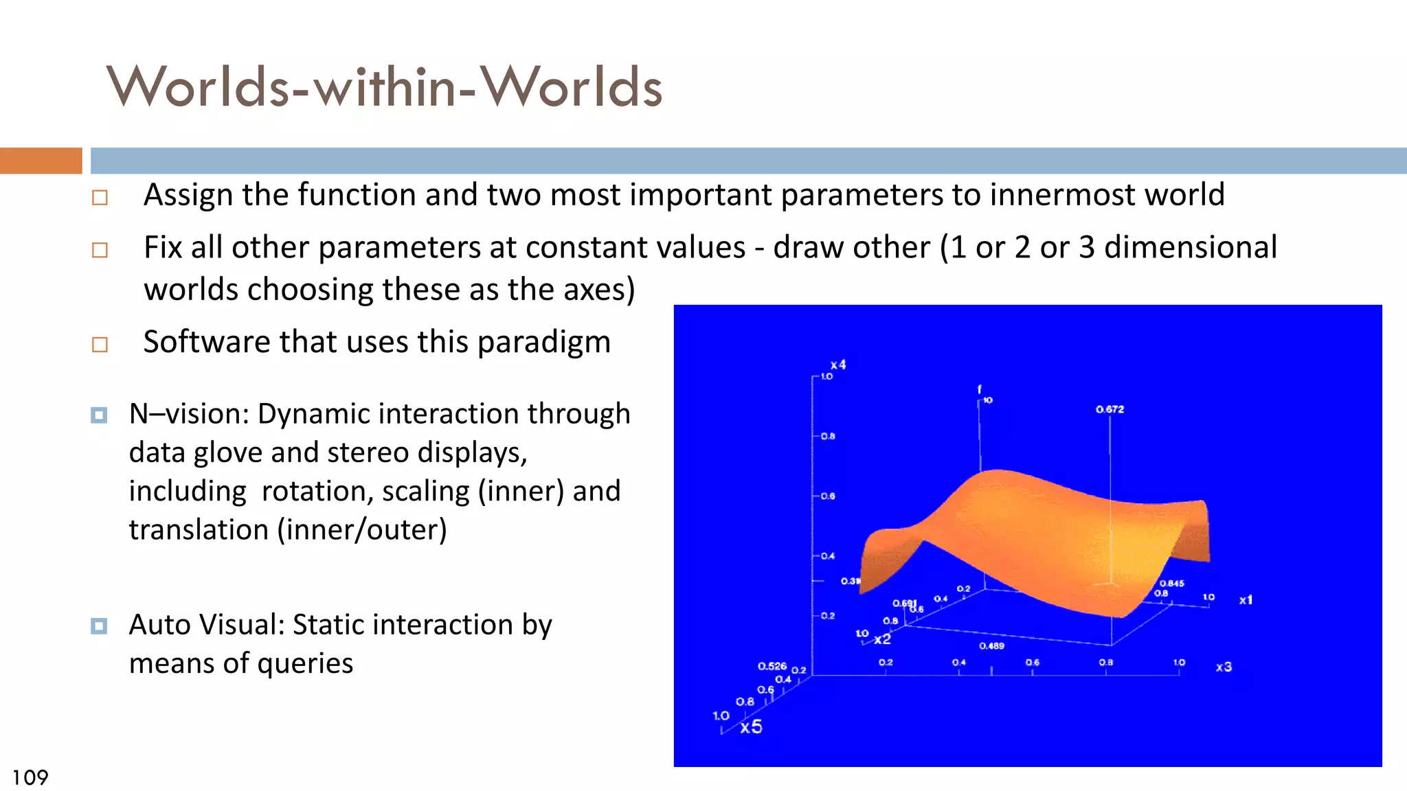 109
Worlds-within-Worlds
 Assign the function and two most important parameters to innermost world
 Fix all other parameters at constant values - draw other (1 or 2 or 3 dimensional
worlds choosing these as the axes)
 Software that uses this paradigm
 N–vision: Dynamic interaction through
data glove and stereo displays,
including rotation, scaling (inner) and
translation (inner/outer)
 Auto Visual: Static interaction by
means of queries
 